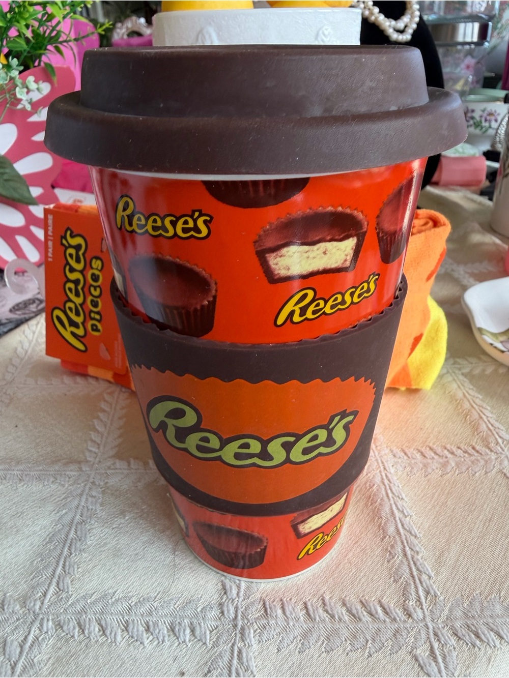 Reese’s Galerie Orange Travel Mug with Brown Lid Silicone Lid & Gripper /SOCKS!